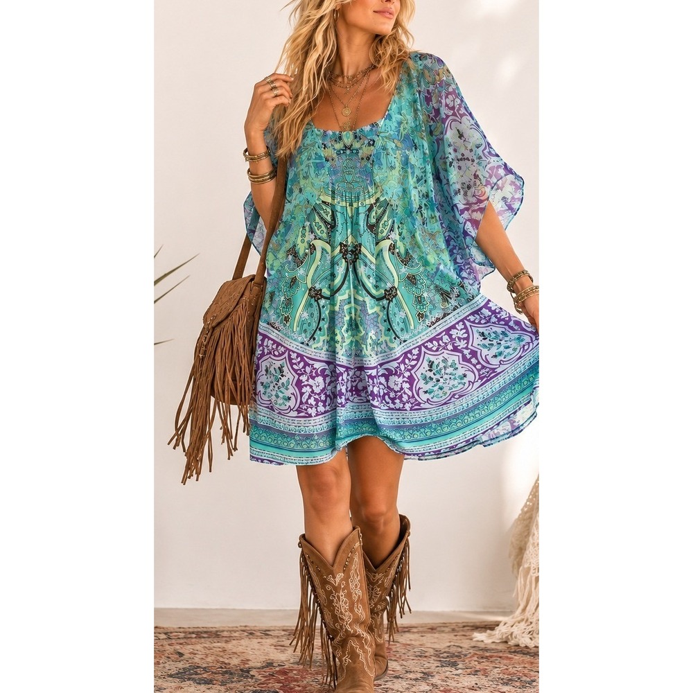 One World Women Paisley Embellished Flutter Sleeve Tunic Dress L Festival Boho